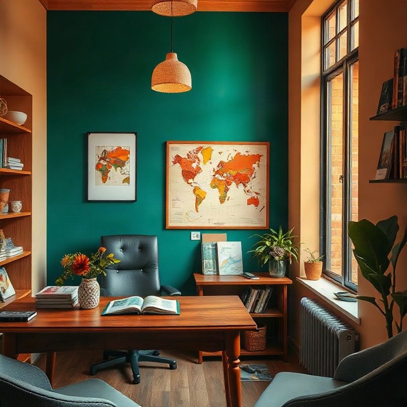 Compact Workfieldv office interior with an emerald accent wall, wooden desk and warm natural light