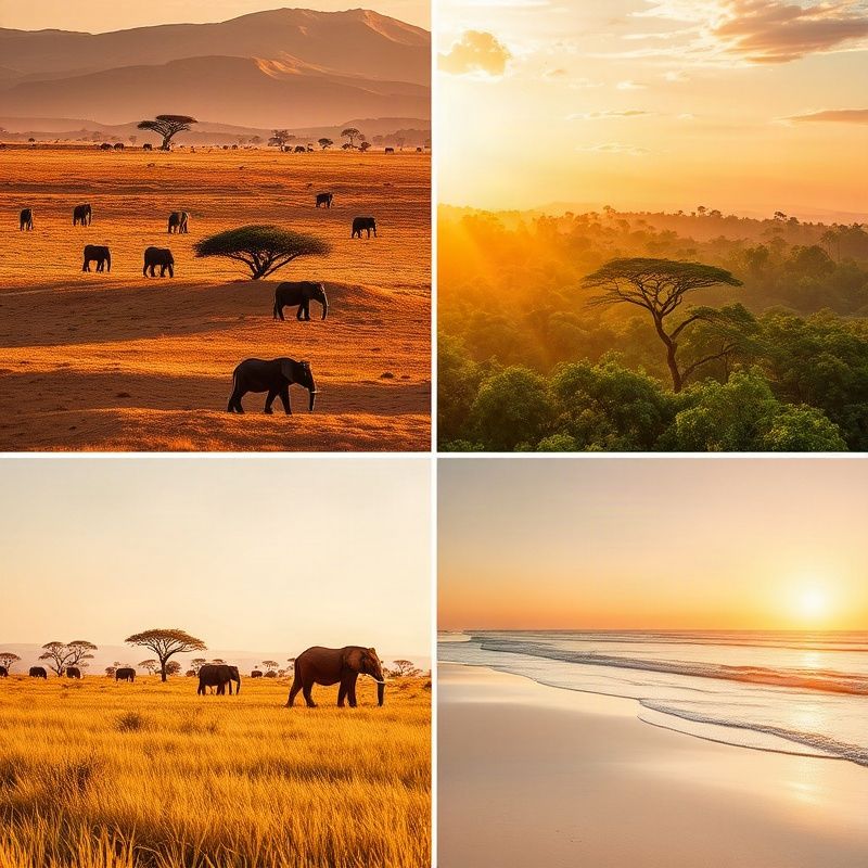 Collage of East African landscapes — Mara grasslands, Aberdare forest canopy and Diani beach