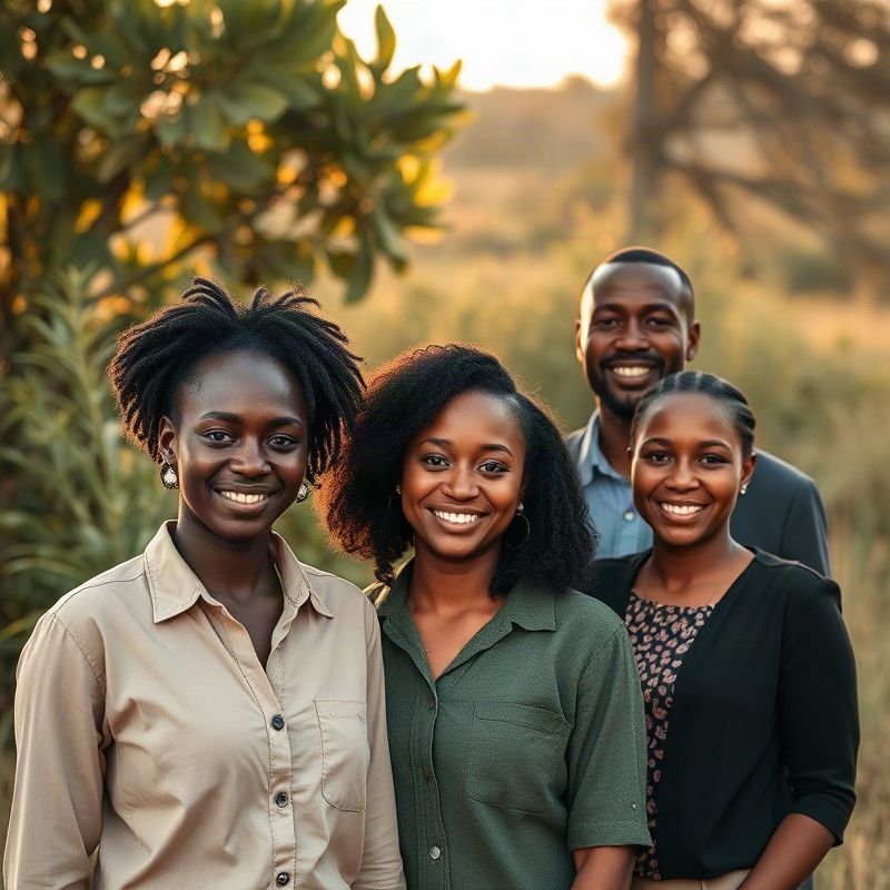 Workfieldv team outdoors near Thika in warm equatorial afternoon light with emerald greenery behind