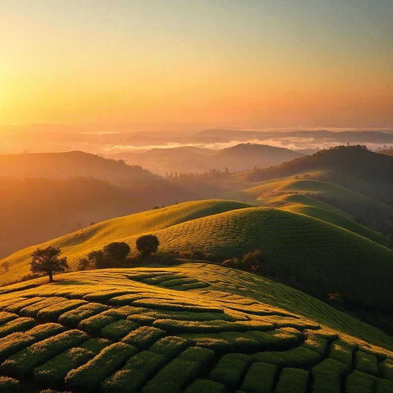 Aerial view of emerald Kenyan highland tea fields at sunrise with soft golden mist