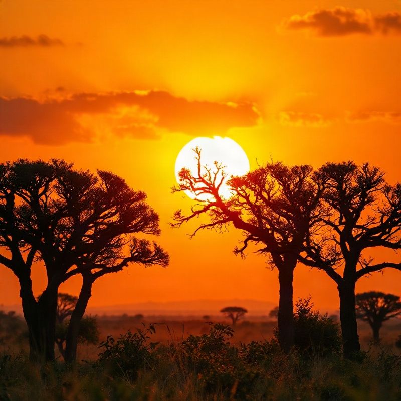Golden-hour Kenyan savanna with acacia silhouettes against an amber and emerald sky