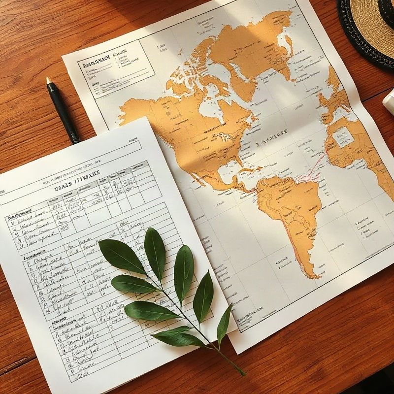 Warm-toned flat-lay of an itinerary, safari maps and a small green leaf on a wooden desk